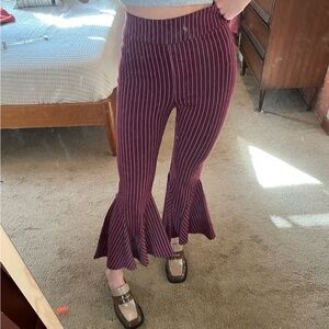 Free people maroon &white striped flare ankle length tuxedo pant with side zip.